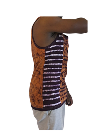 Orange and Purple Batik Tank Top with Bogolan Patterns | Contemporary and Colorful Ensemble