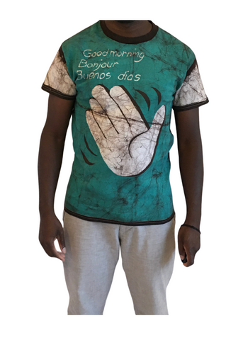 Green and White Short Sleeve Batik T-Shirt with Open Hand Salutation Design | Contemporary and Colorful Ensemble