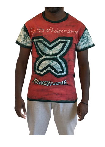 Red and Green Short Sleeve Batik T-Shirt with Fawohodie Symbol | Contemporary and Colorful Ensemble