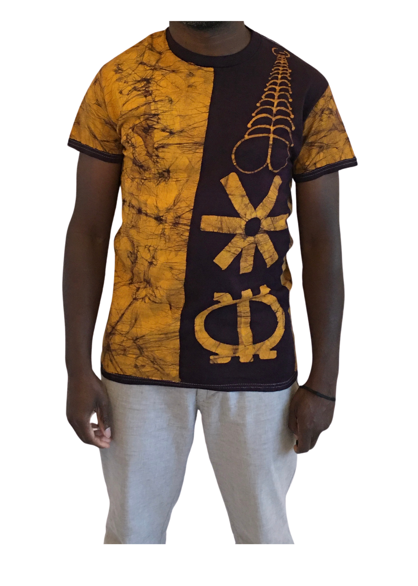 Gold and Purple Short Sleeve Batik T-Shirt with Adinkra Symbols | Contemporary and Colorful Ensemble