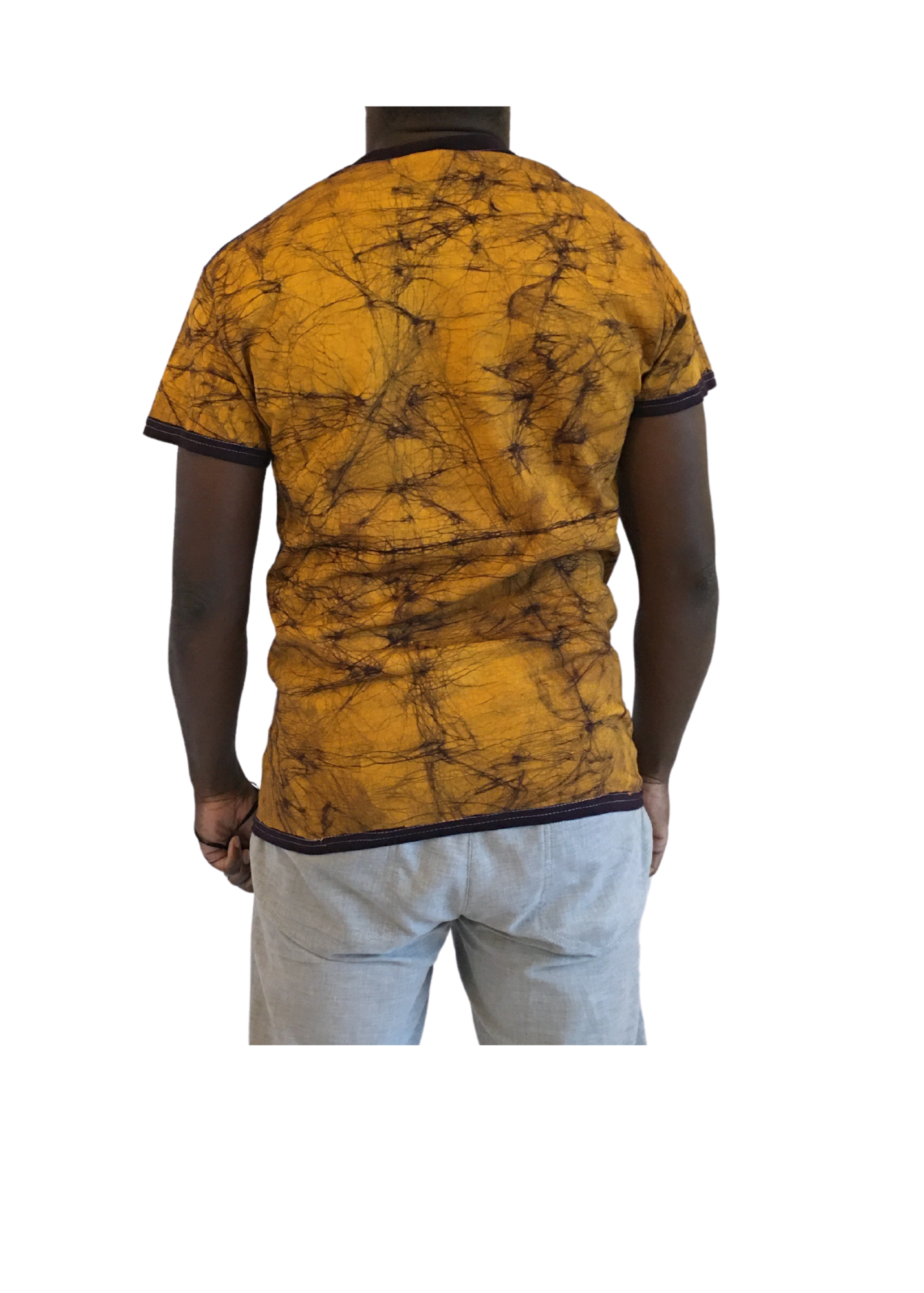 Gold and Purple Short Sleeve Batik T-Shirt with Adinkra Symbols | Contemporary and Colorful Ensemble