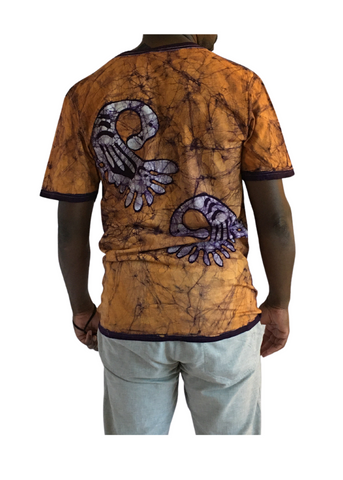 Gold and Purple Short Sleeve V Neck Batik T-Shirt with Sankofa Bird Symbol | Contemporary and Colorful Ensemble