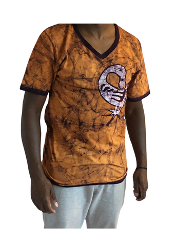 Gold and Purple Short Sleeve V Neck Batik T-Shirt with Sankofa Bird Symbol | Contemporary and Colorful Ensemble