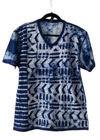 Blue and White Batik V Neck with Bogolan Patterns | Contemporary and Colorful Ensemble